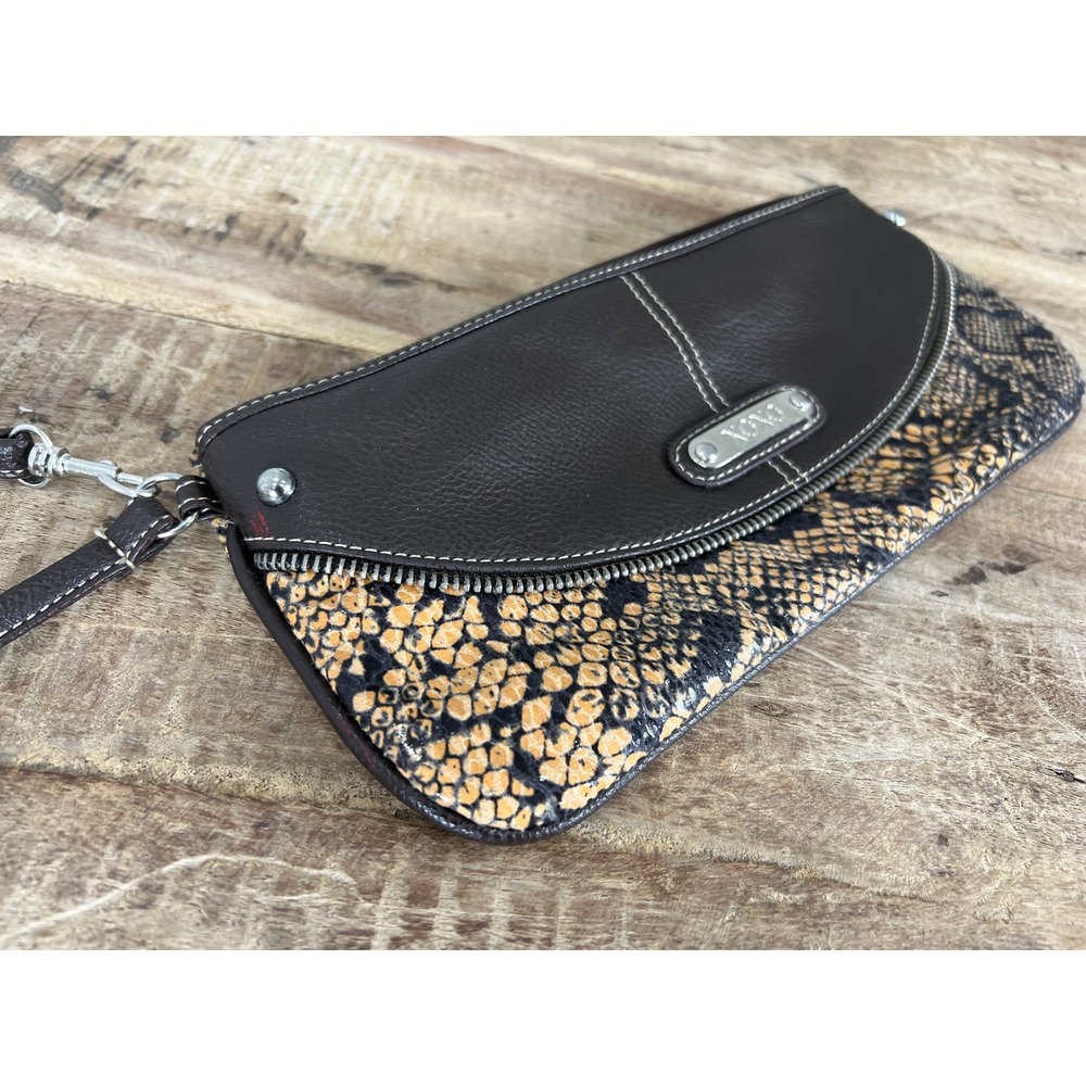 XOXO Brown Faux Leather Snakeskin Print Wristlet Clutch Bag Silver Logo